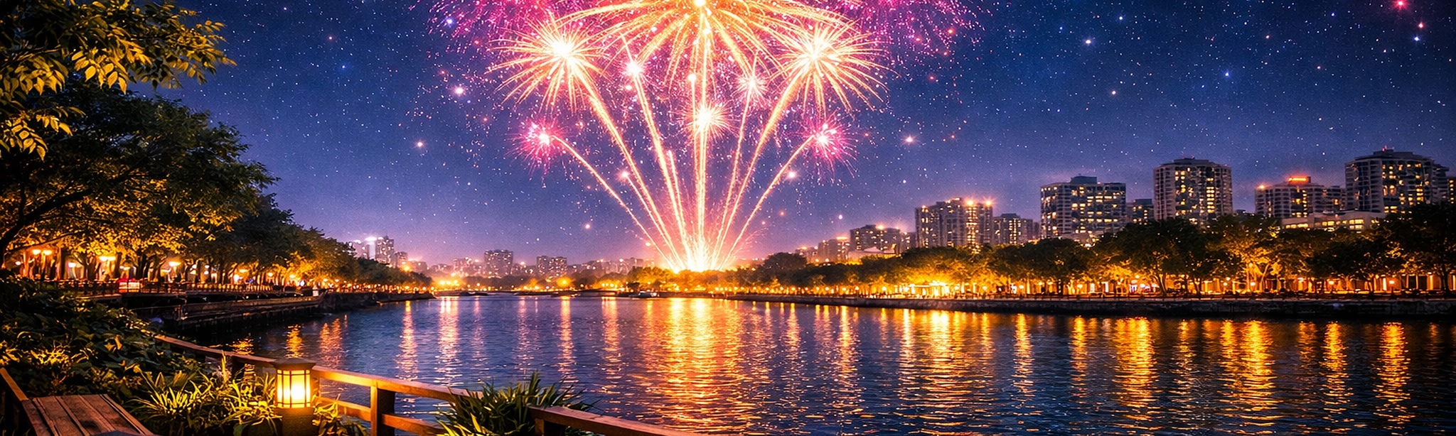 VR Travel Urban River Fireworks