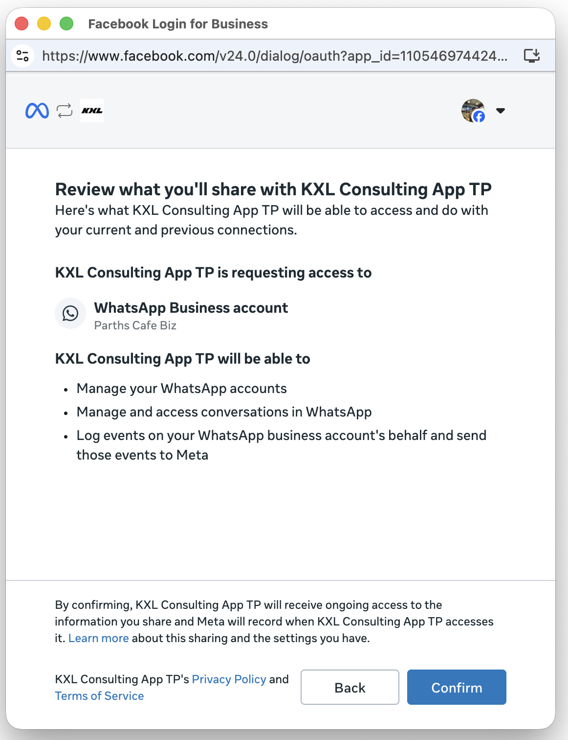 Terms and conditions review screen the business customer must accept to complete Coexistence onboarding