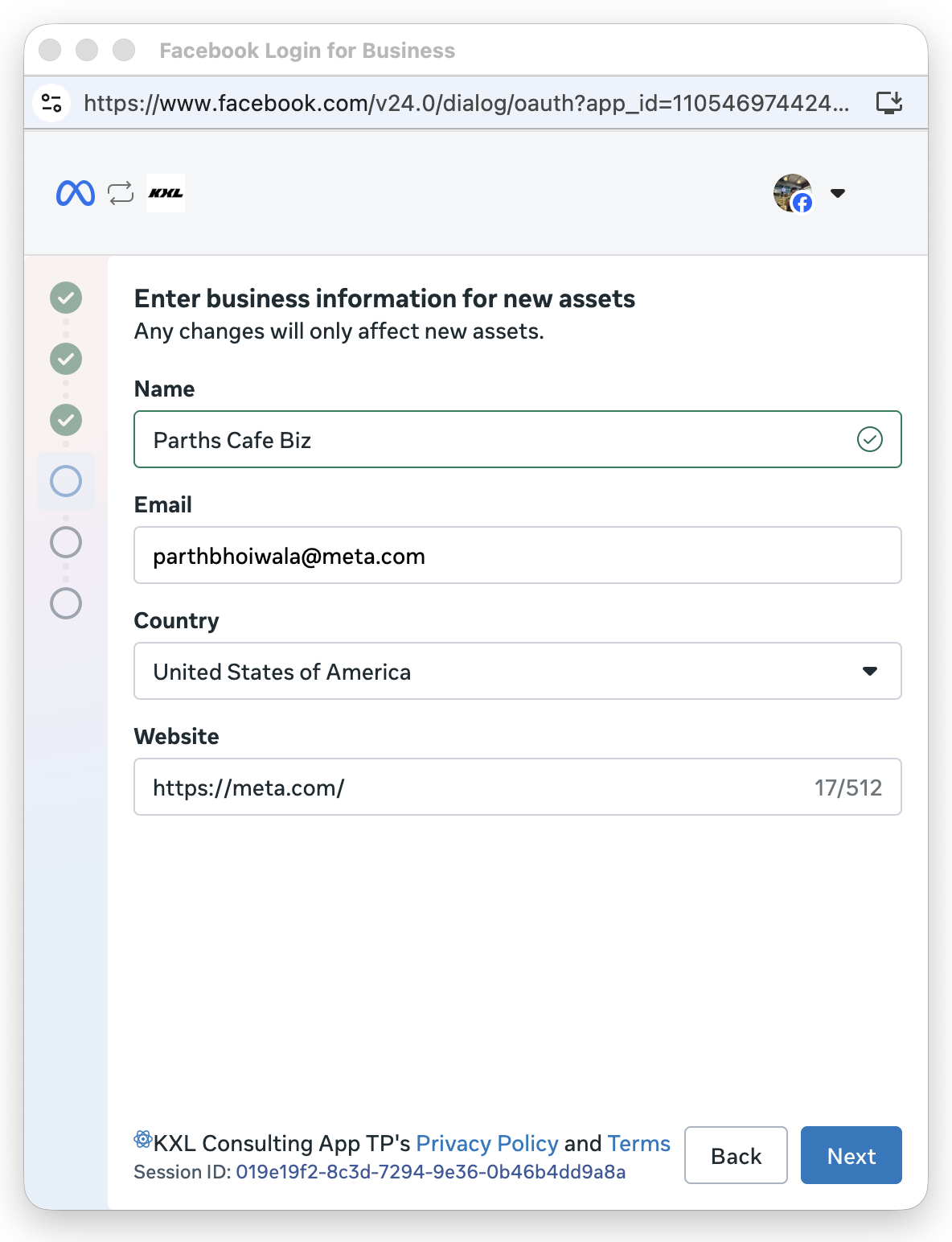 Enter business information screen with fields for name, email, country, and website to create a new Business portfolio.