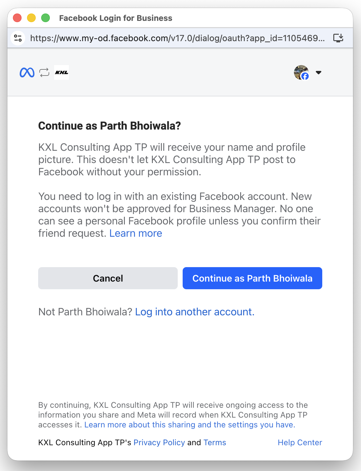 Facebook Login for Business dialog asking to continue as the logged-in user to connect with the partner app.