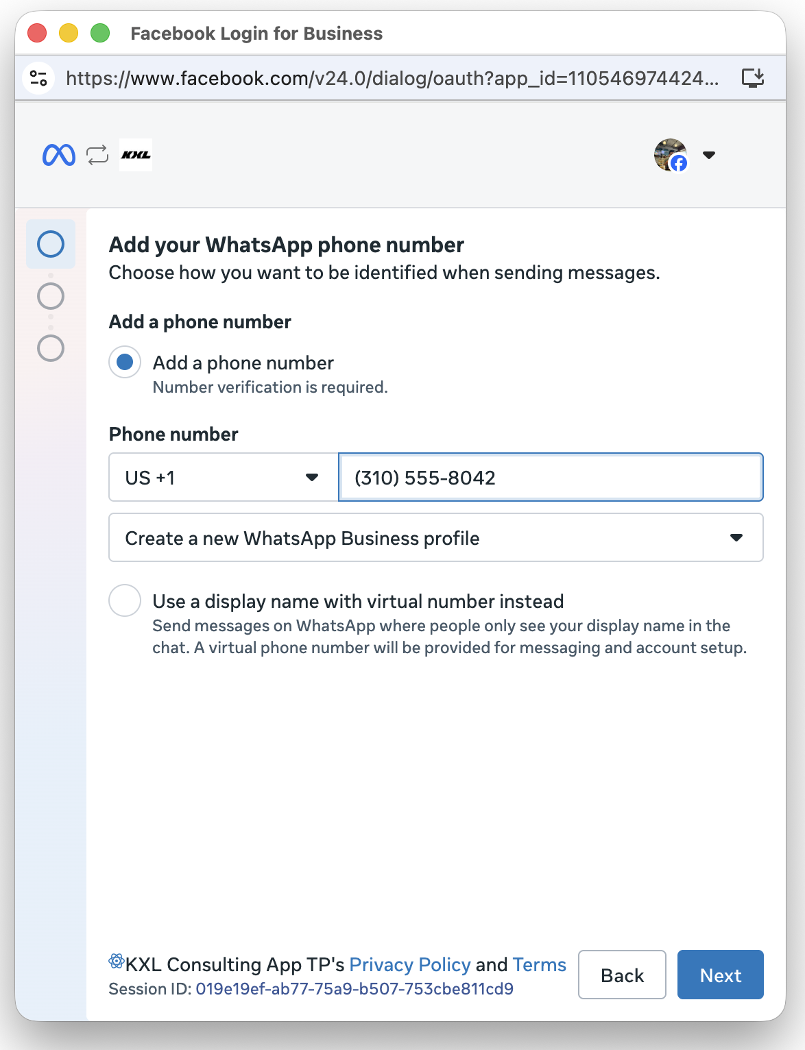 Add your WhatsApp phone number screen with a country code and a phone number already entered in the phone number field.