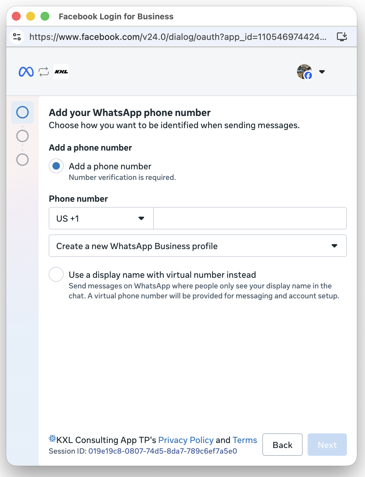 Add your WhatsApp phone number screen with a country code and phone number field and an option to create a new WhatsApp Business profile.