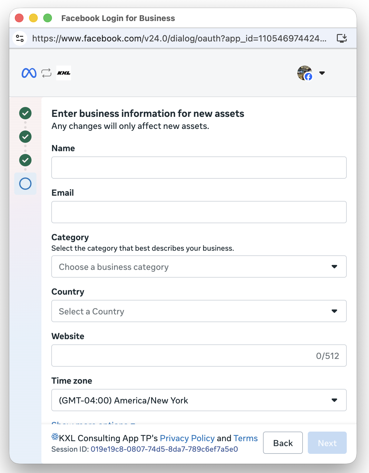 Enter business information screen with fields for name, email, category, country, website, and time zone for new assets.