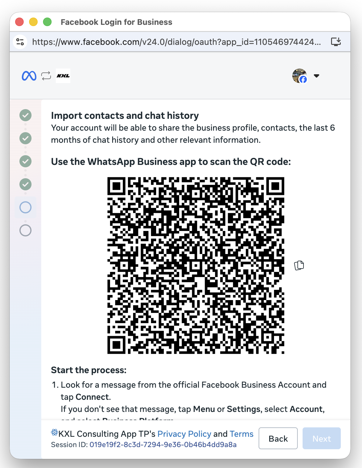 Import contacts and chat history screen showing a QR code to scan with the WhatsApp Business app and steps to start the process.