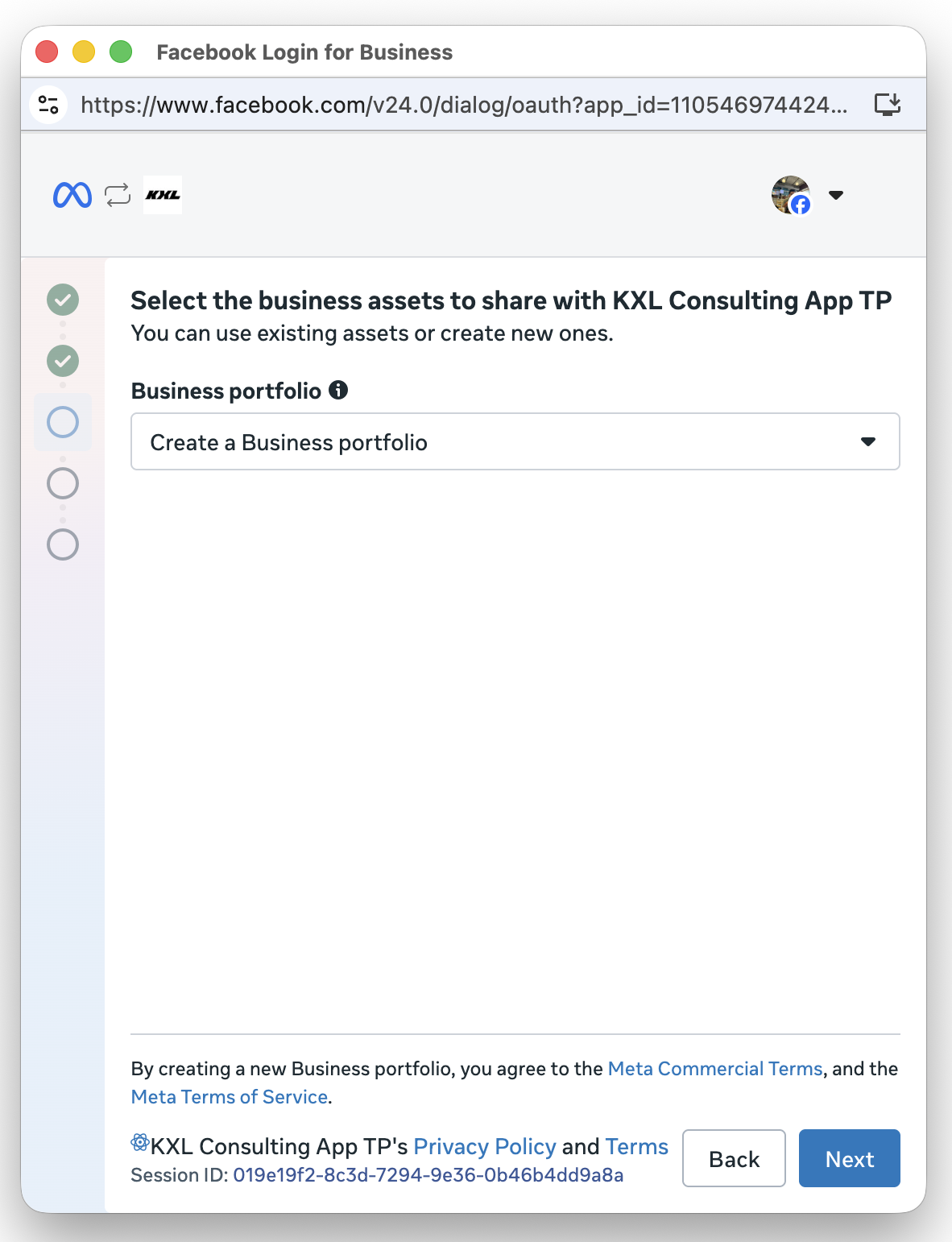 Select the business assets screen with a single dropdown to choose or create a Business portfolio.